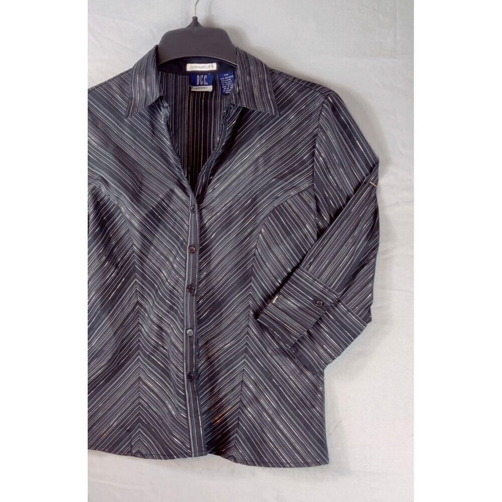 DCC Stretch Fitted Shirt Black Chevron Gray Pin Stripe Silver Thread 3/4 Sleeve - Picture 4 of 9